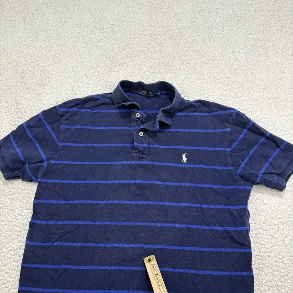 Polo Ralph Lauren Navy Blue Striped Cotton Polo‎ Shirt Mens Size L White Pony